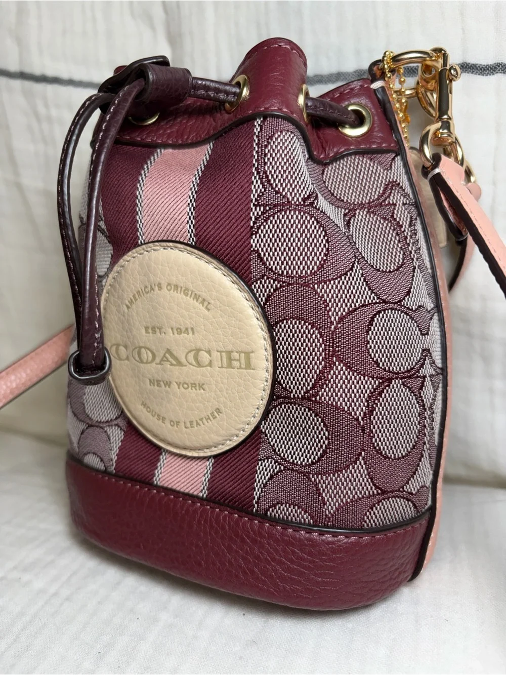 Coach Mini Dempsey Bucket Bag Burgundy and Pink